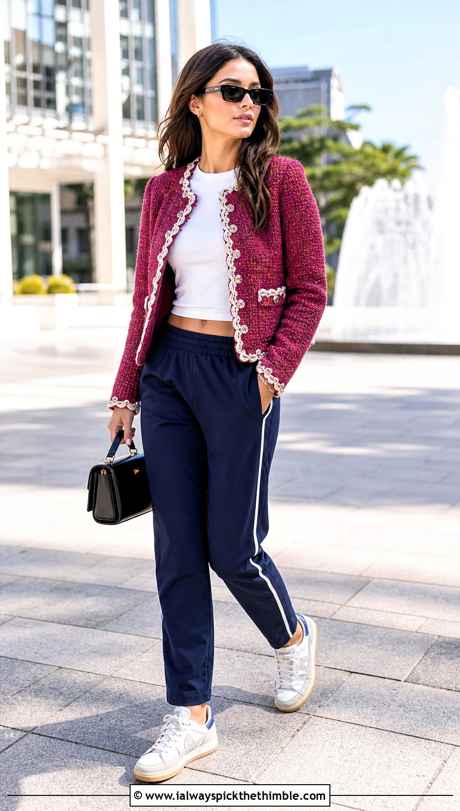 Scalloped Edge Crochet Chanel Jacket With Track Pants - 20 crochet chanel jacket outfit ideas