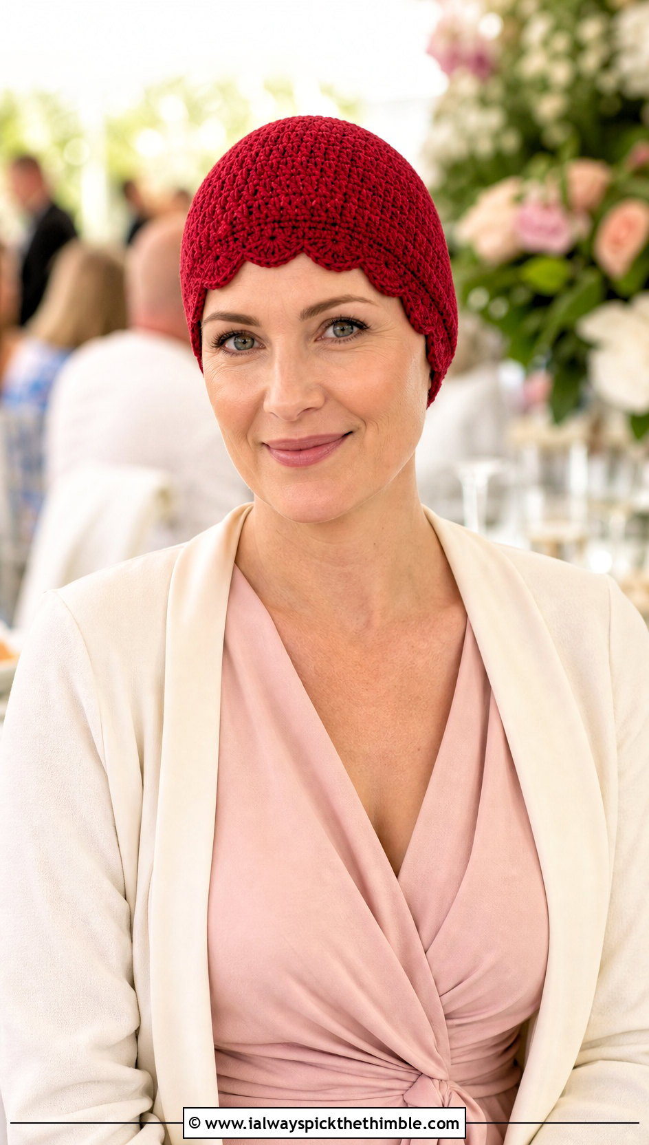 Scalloped Edge Crochet Chemo Cap With Wrap Dress - 20 Easy Crochet Chemo Hats outfit ideas