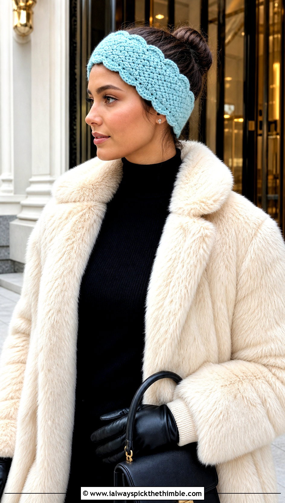 Scalloped Edge Crochet Chunky Ear Warmer With Faux Fur Jacket - 20 Crochet Chunky Ear Warmer outfit ideas