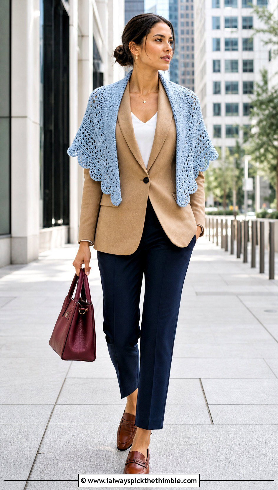 Scalloped Edge Crochet Circular Shawl With a Blazer - 20 crochet circular shawl outfit ideas
