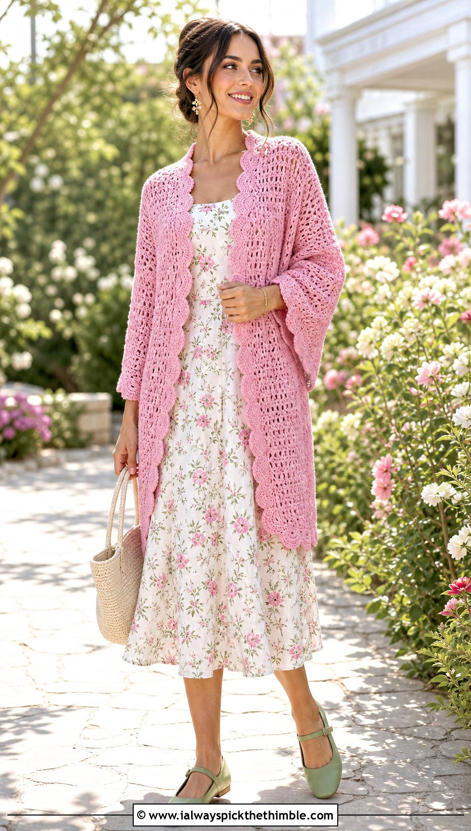 Scalloped Edge Crochet Cocoon Cardigan With Floral Midi Dress - 15 Easy Crochet Cocoon Cardigan outfit ideas