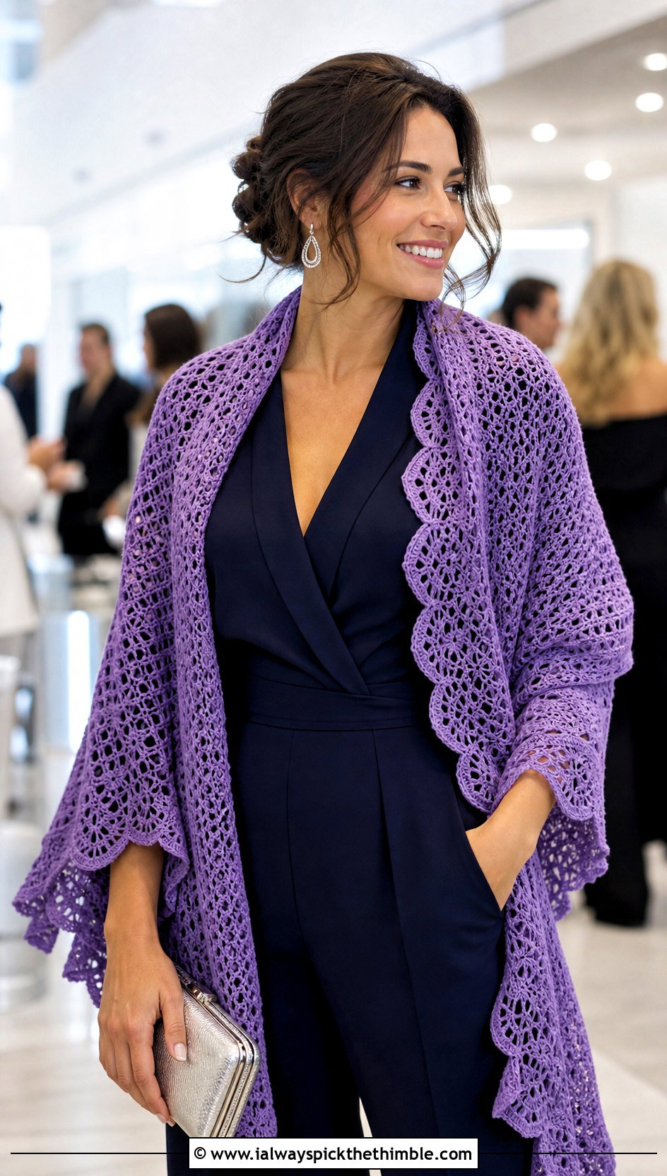 Scalloped Edge Crochet Cotton Shawl With Party Jumpsuit - 15 Crochet Cotton Shawl outfit ideas