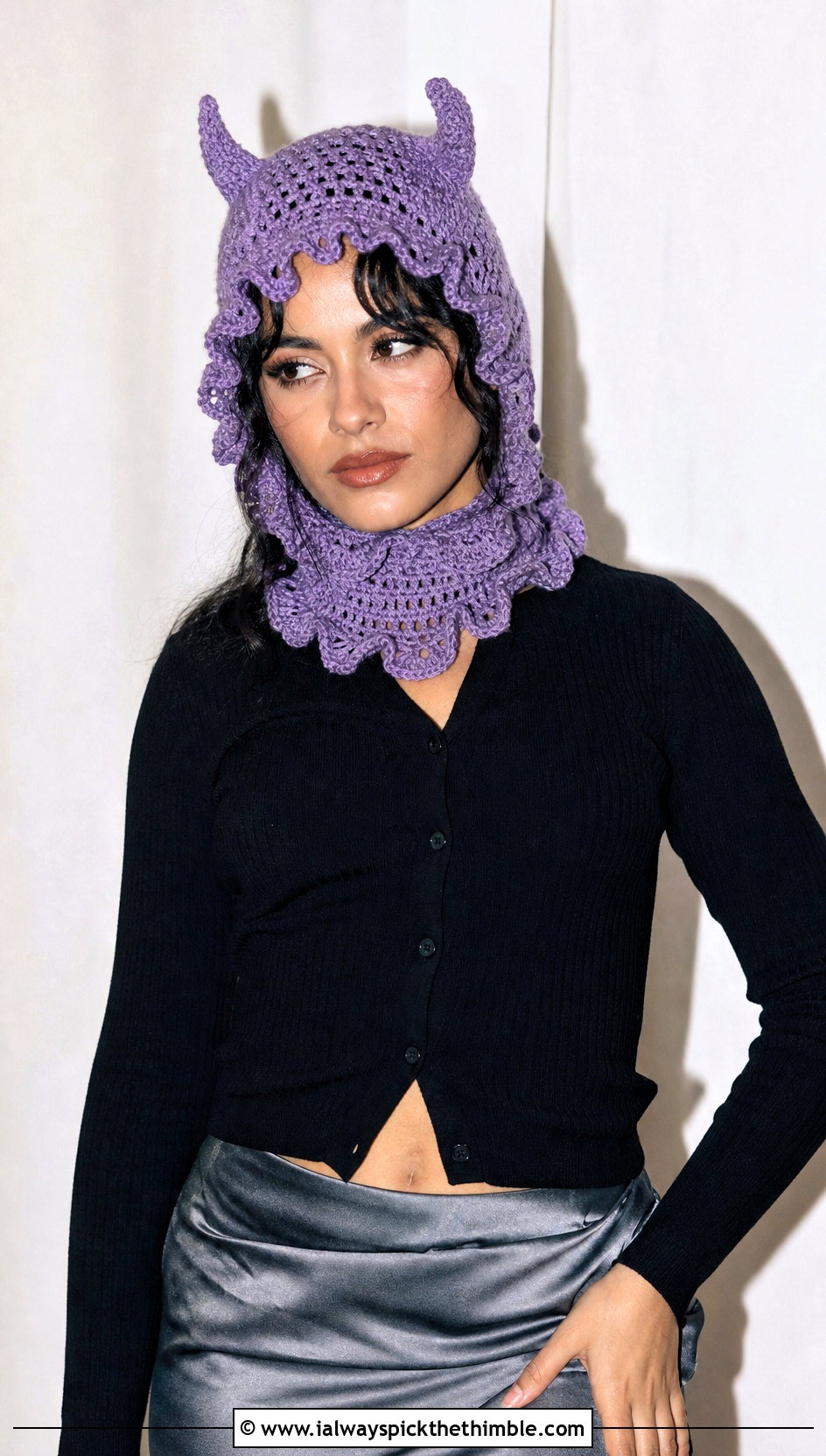 Scalloped Edge Crochet Devil Horn Balaclava With Satin Skirt - 20 crochet devil horn balaclava outfit ideas