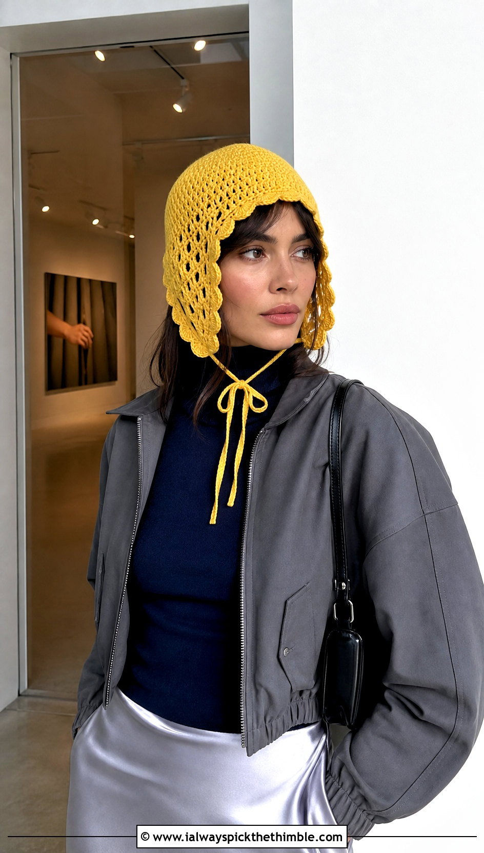 Scalloped Edge Crochet Ear Flap Hat With Satin Skirt - 20 crochet ear flap hat outfit ideas