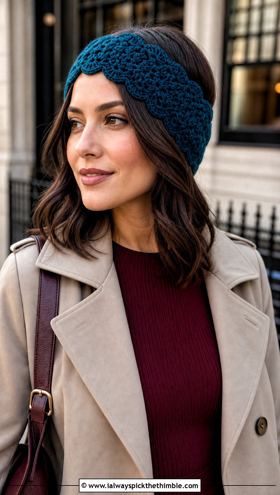 Scalloped Edge Crochet Ear Warmer With Trench Coat - 15 Quick And Easy Crochet Ear Warmers outfit ideas