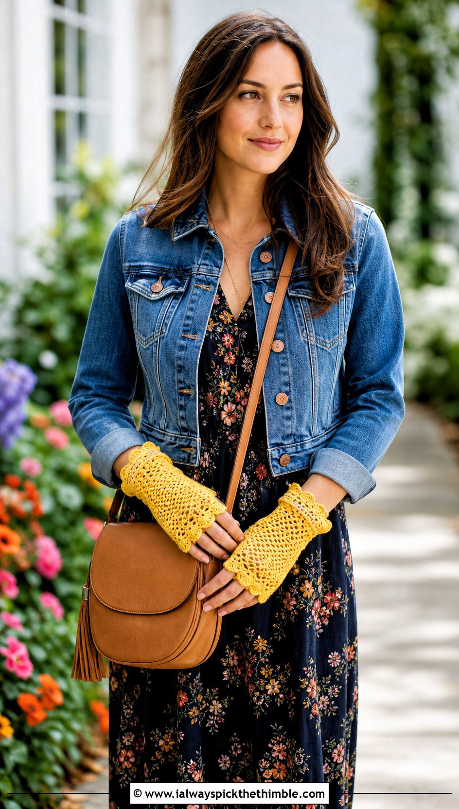 Scalloped Edge Crochet Fingerless Gloves With Floral Dress - 20 Simple Crochet Fingerless Gloves outfit ideas