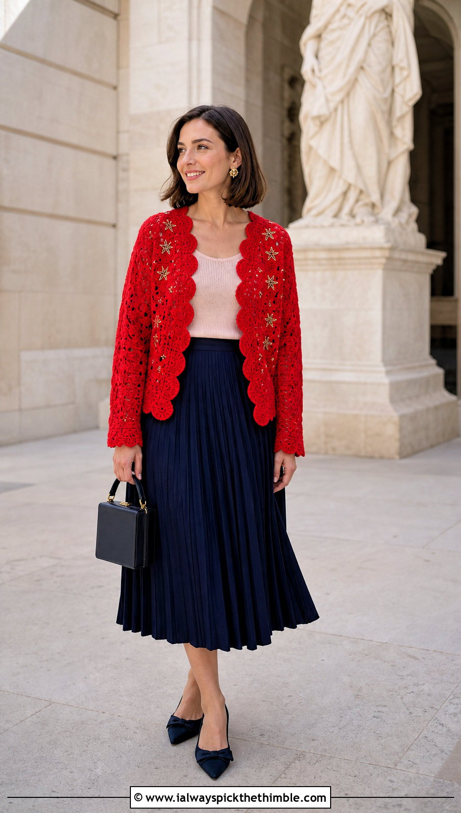 Scalloped Edge Crochet Folklore Cardigan With Pleated Skirt - 25 crochet folklore cardigan outfit ideas