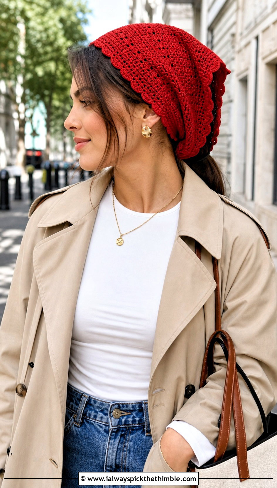 Scalloped Edge Crochet Hair Scarf With Trench Coat - 25 crochet hair scarf outfit ideas