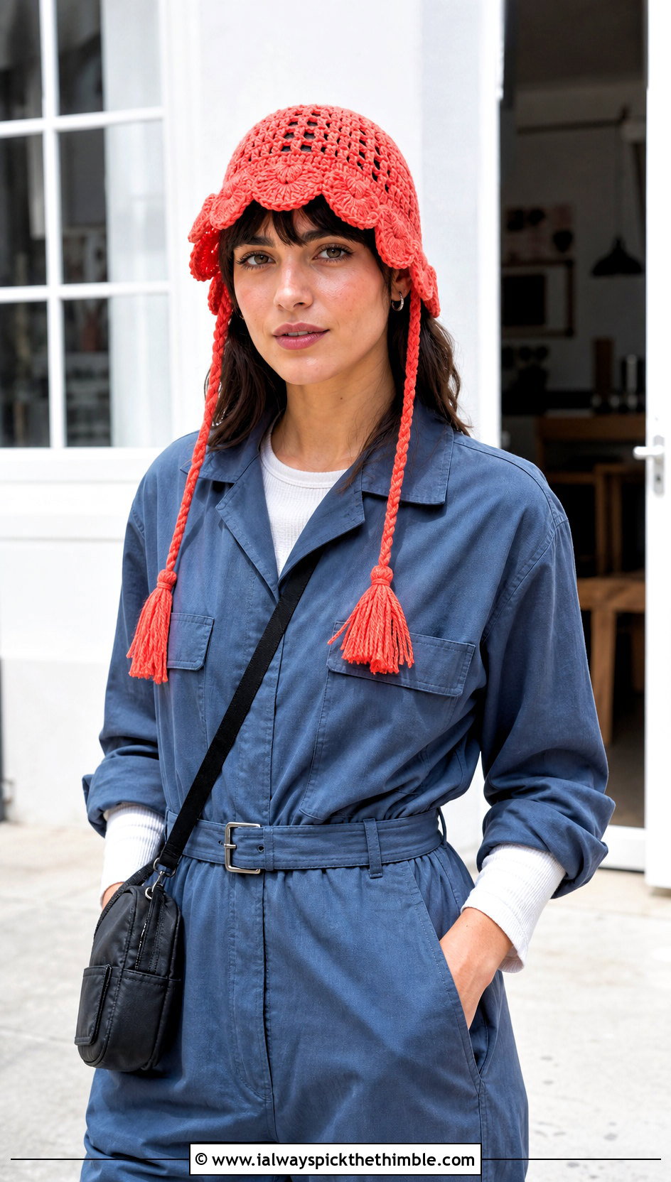 Scalloped Edge Crochet Hat With Braids And Utility Jumpsuit - 20 crochet hat with braids outfit ideas