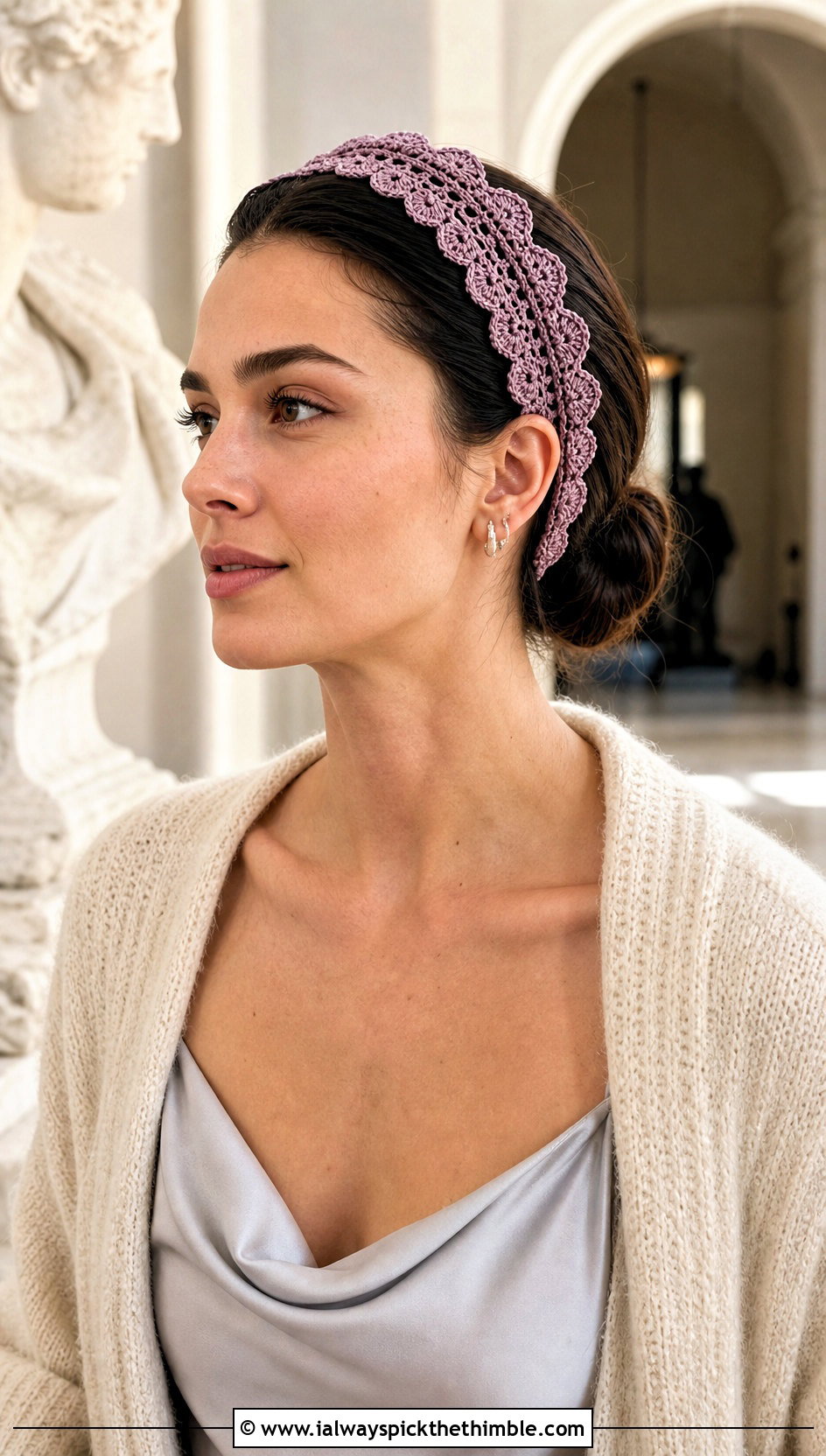 Scalloped Edge Crochet Headband With Cardigan And Slip Skirt - 20 crochet hair headband outfit ideas