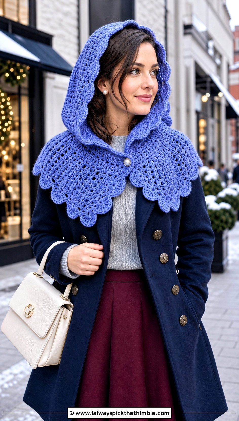 Scalloped Edge Crochet Hooded Cowl With Peacoat - 25 crochet hooded cowl outfit ideas