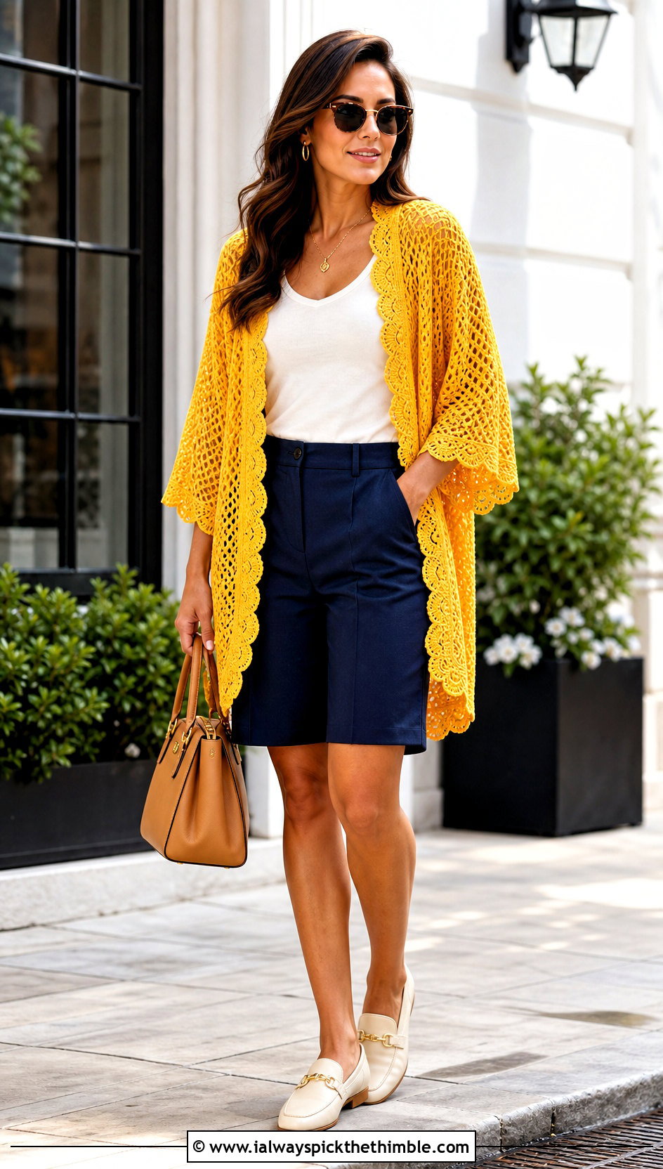 Scalloped Edge Crochet Kimono With Tailored Shorts - 20 easy crochet kimono outfit ideas