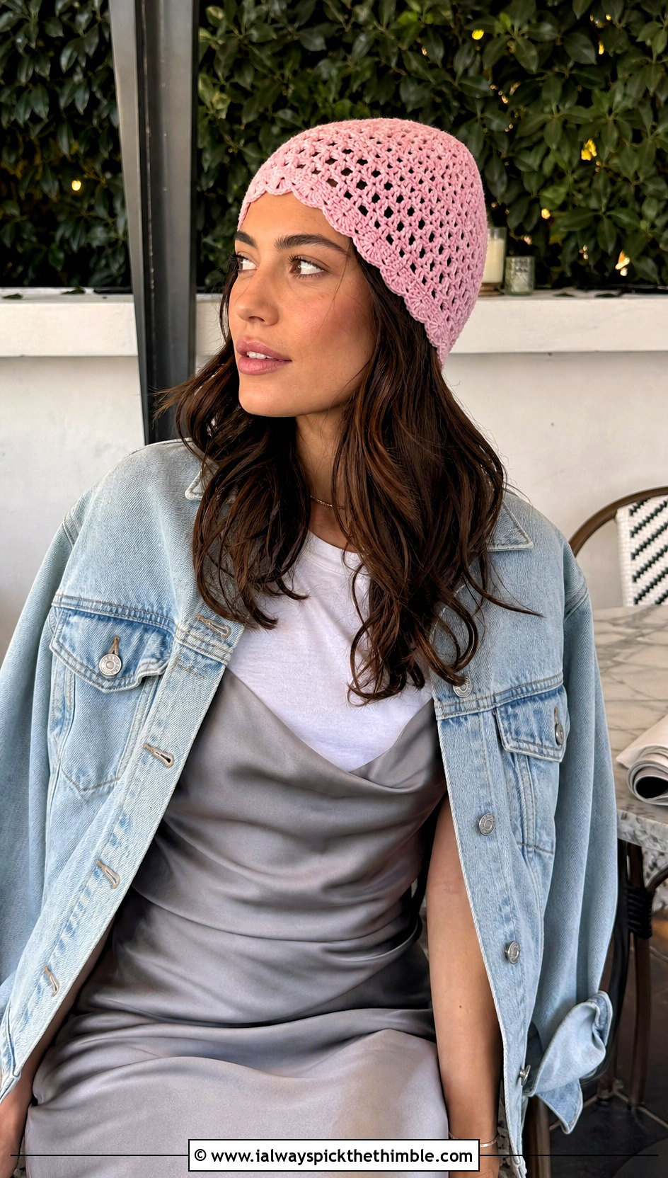 Scalloped Edge Crochet Lace Beanie With Slip Dress - 20 crochet lace beanie outfit ideas