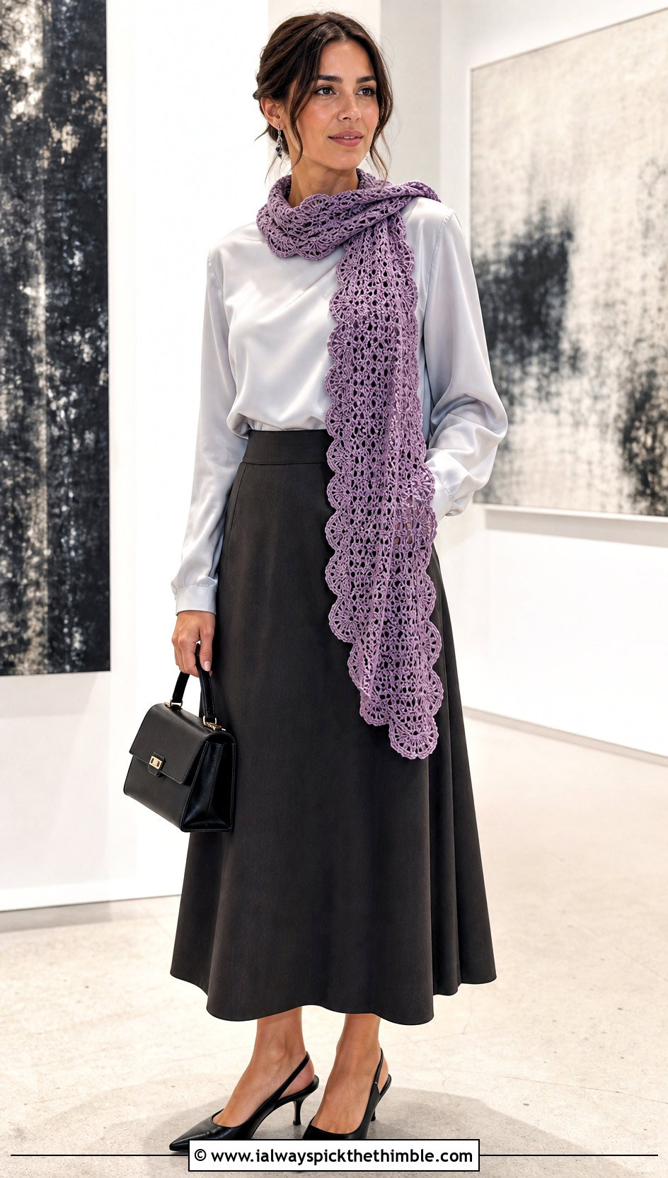 Scalloped Edge Crochet Long Scarf With Satin Blouse And Midi Skirt - 20 Crochet Long Scarf outfit ideas