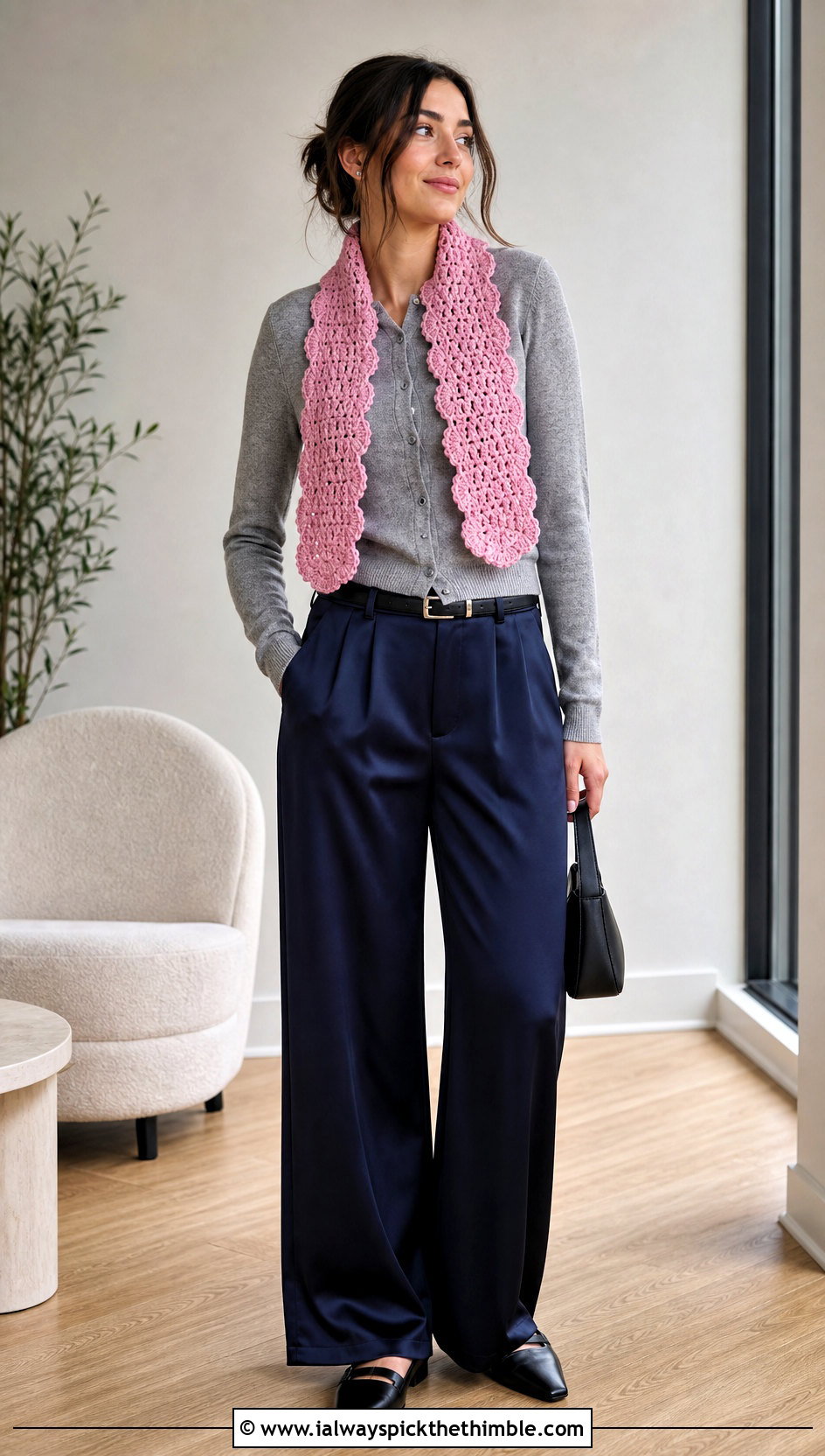 Scalloped Edge Crochet Mini Scarf With Cardigan And Satin Pants - 25 crochet mini scarf outfit ideas