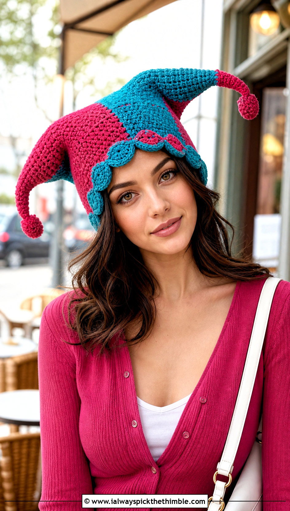 Scalloped Edge Crochet Pomni Hat With Wide Leg Jeans - 25 Crochet Pomni Hat outfit ideas