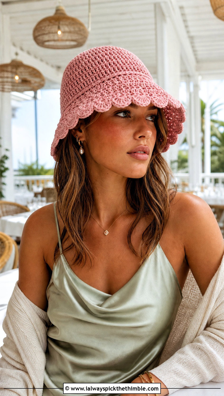 Scalloped Edge Crochet Raffia Bucket Hat With Slip Dress - 20 crochet raffia bucket hat outfit ideas
