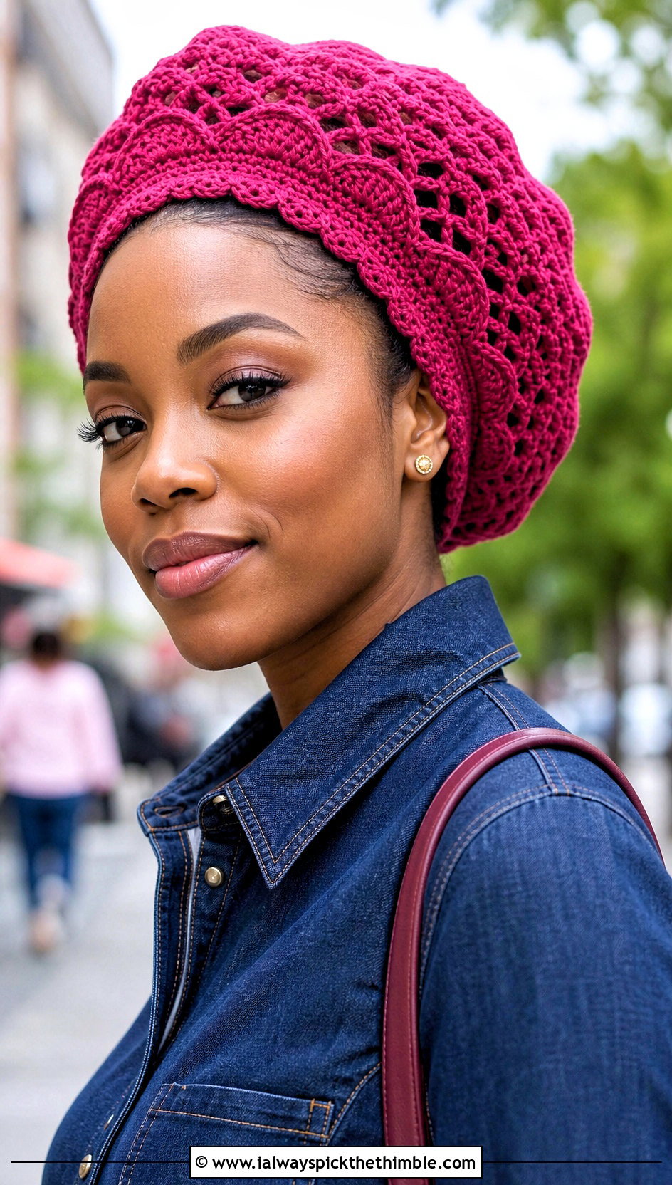 Scalloped Edge Crochet Rasta Tam Hat With Denim Dress - 20 crochet rasta tam hat outfit ideas