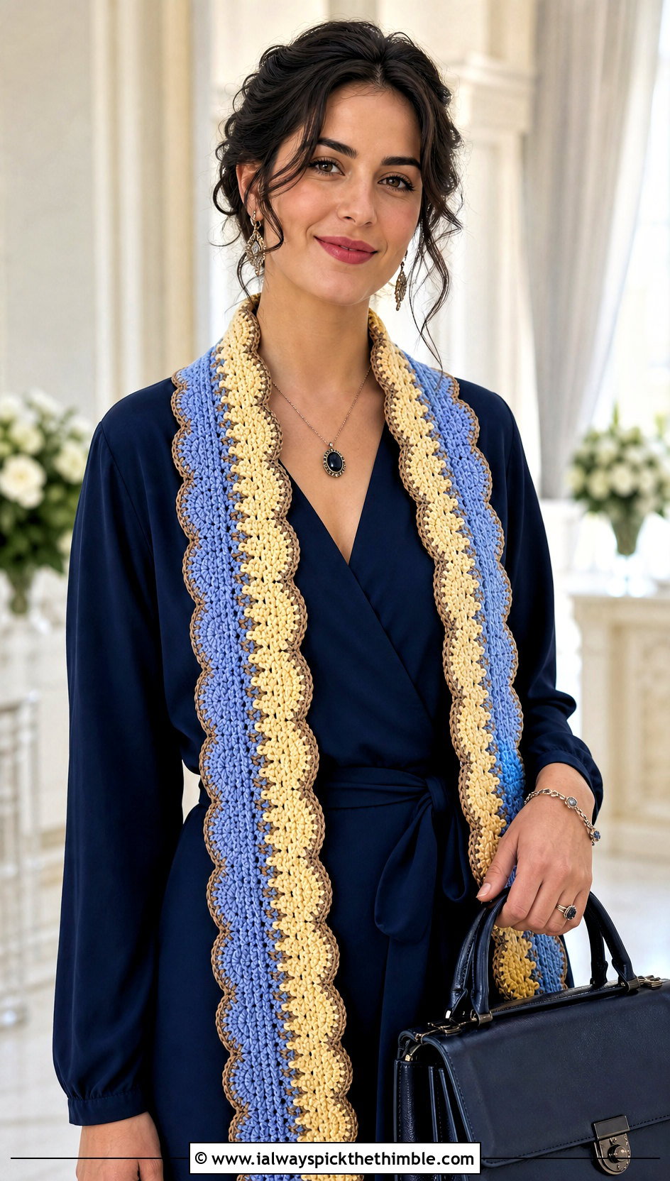 Scalloped Edge Crochet Ravenclaw Scarf With Wrap Dress - 25 crochet ravenclaw scarf outfit ideas