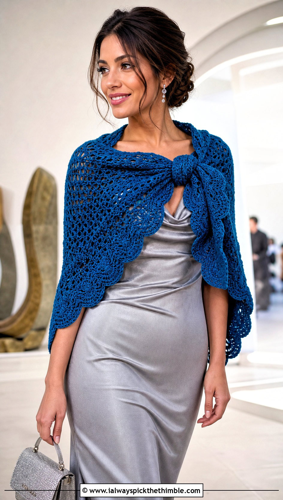 Scalloped Edge Crochet Sally Scarf With Satin Midi Dress - 20 Crochet Sally Scarf outfit ideas