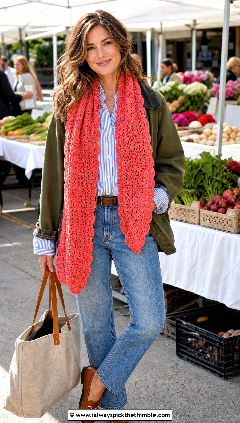 Scalloped Edge Crochet Scarf With Barn Jacket and Jeans - 25 fall crochet scarf outfit ideas