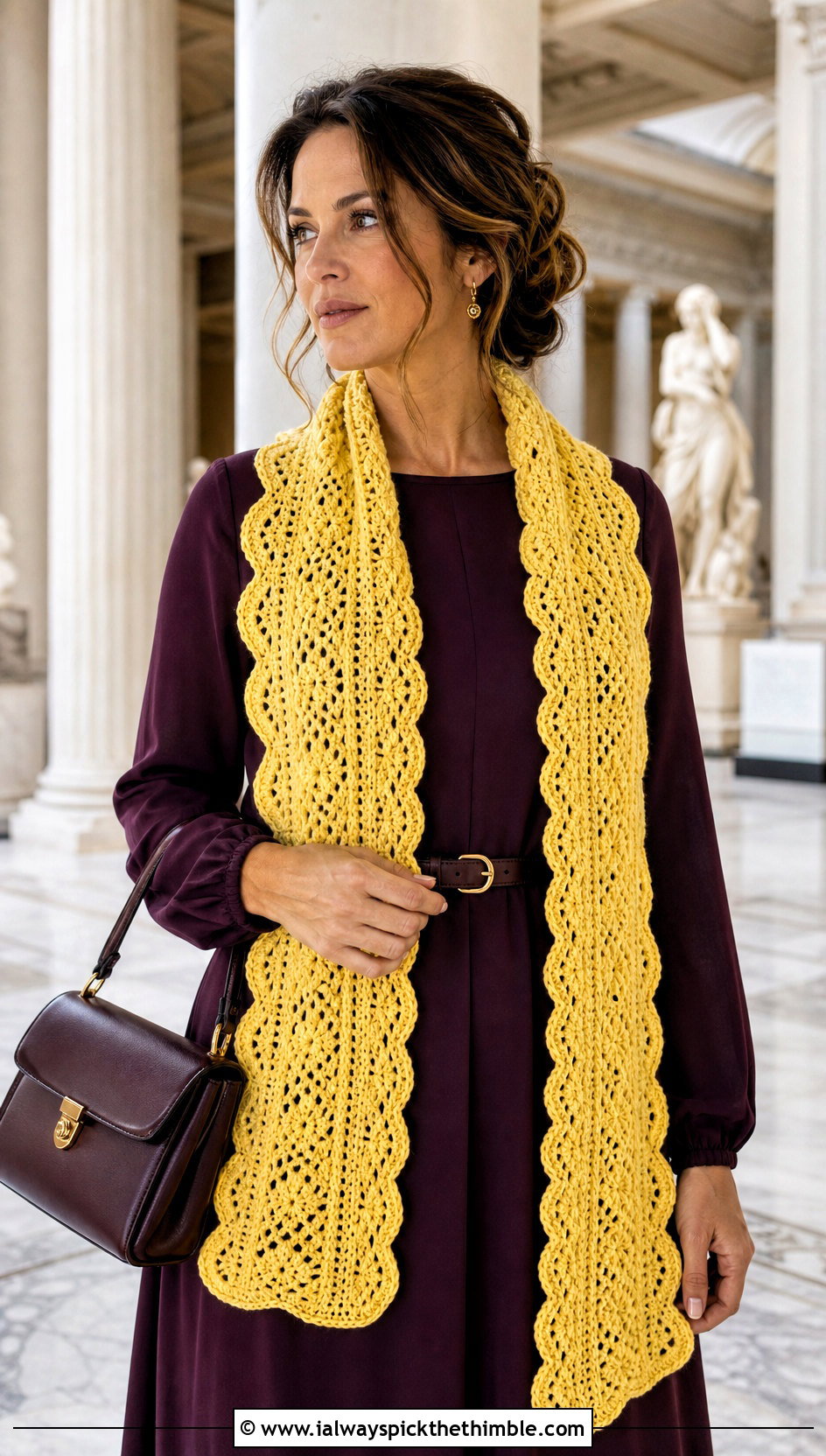 Scalloped Edge Crochet Scarf With Midi Dress - 20 pretty crochet scarf outfit ideas