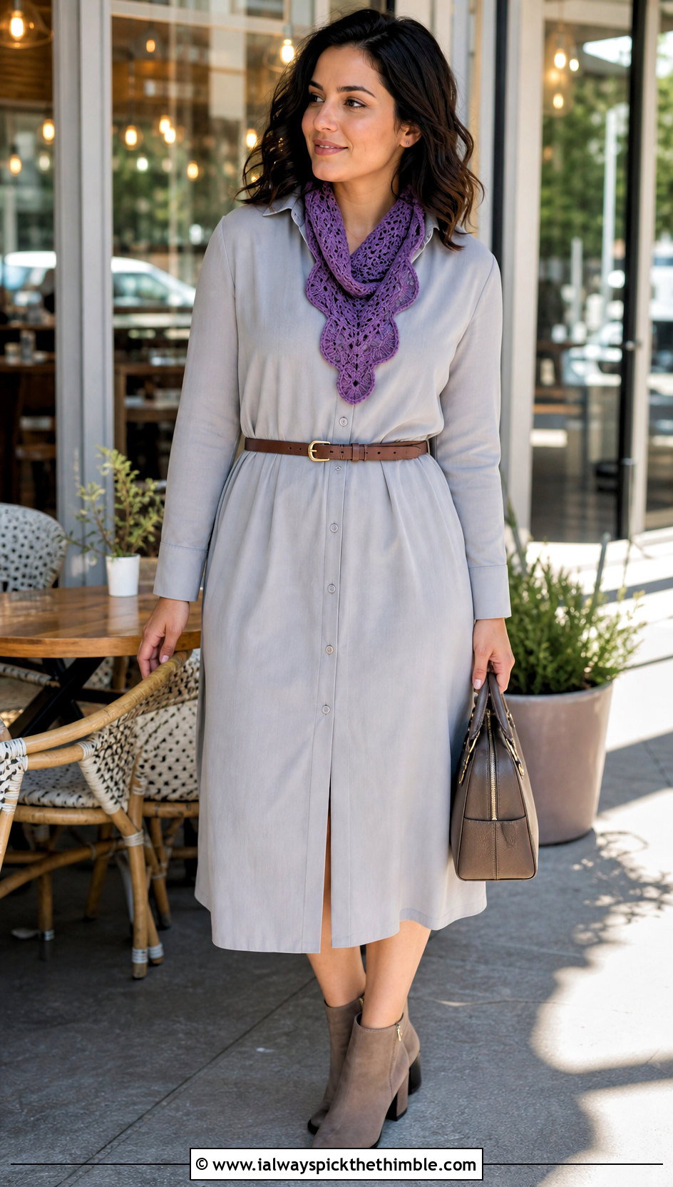 Scalloped Edge Crochet Scarf With Shirt Dress - 20 super crochet scarf outfit ideas
