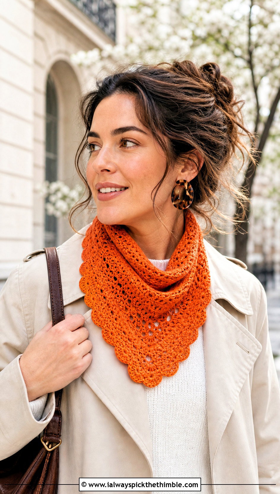 Scalloped Edge Crochet Scarf With Trench Coat - 15 Dainty Crochet Scarf outfit ideas