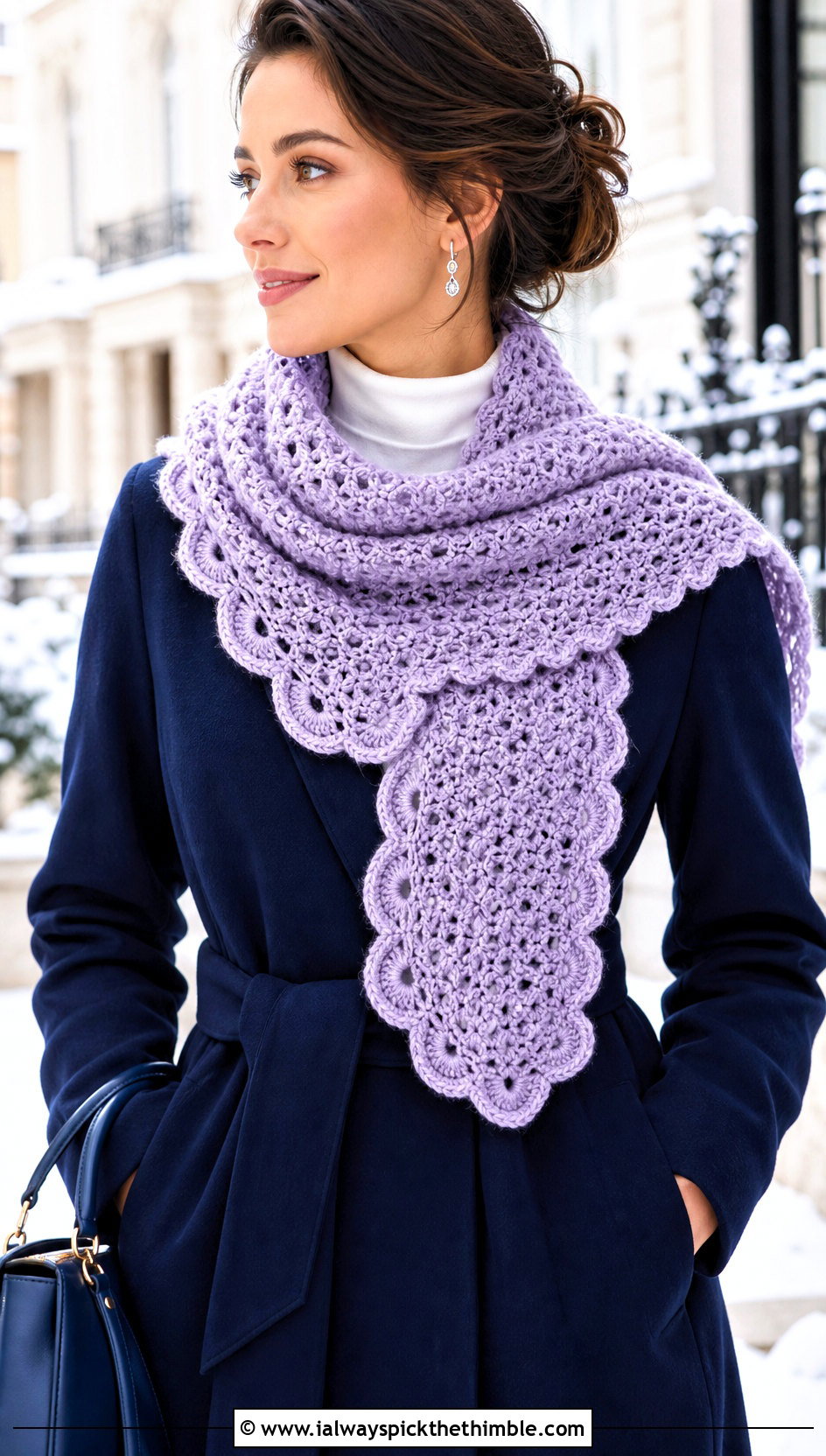 Scalloped Edge Crochet Scarf With Wrap Coat - 25 beginner crochet scarf outfit ideas