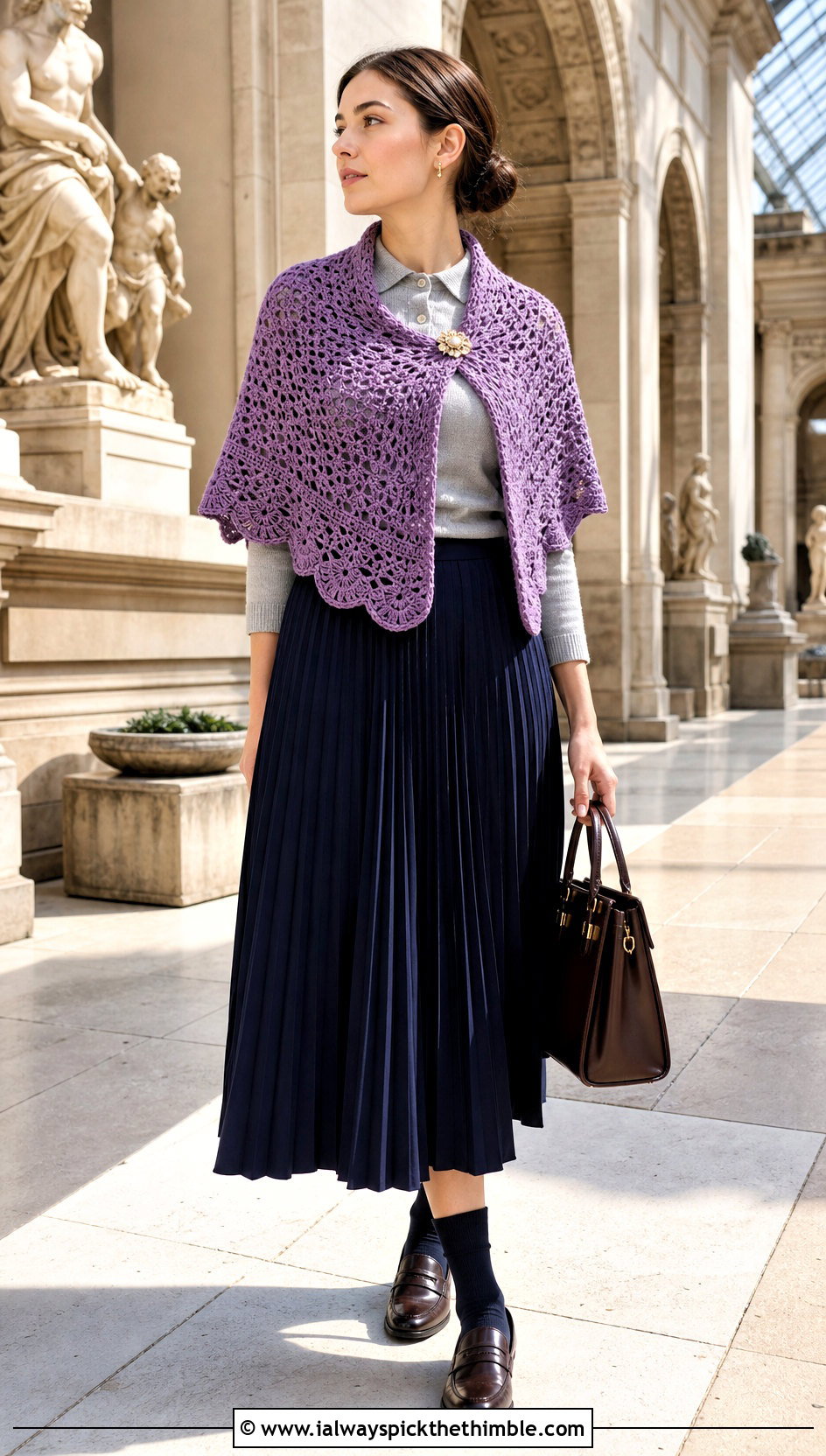 Scalloped Edge Crochet Semi Circle Shawl With Pleated Skirt - 20 Crochet Semi Circle Shawl outfit ideas