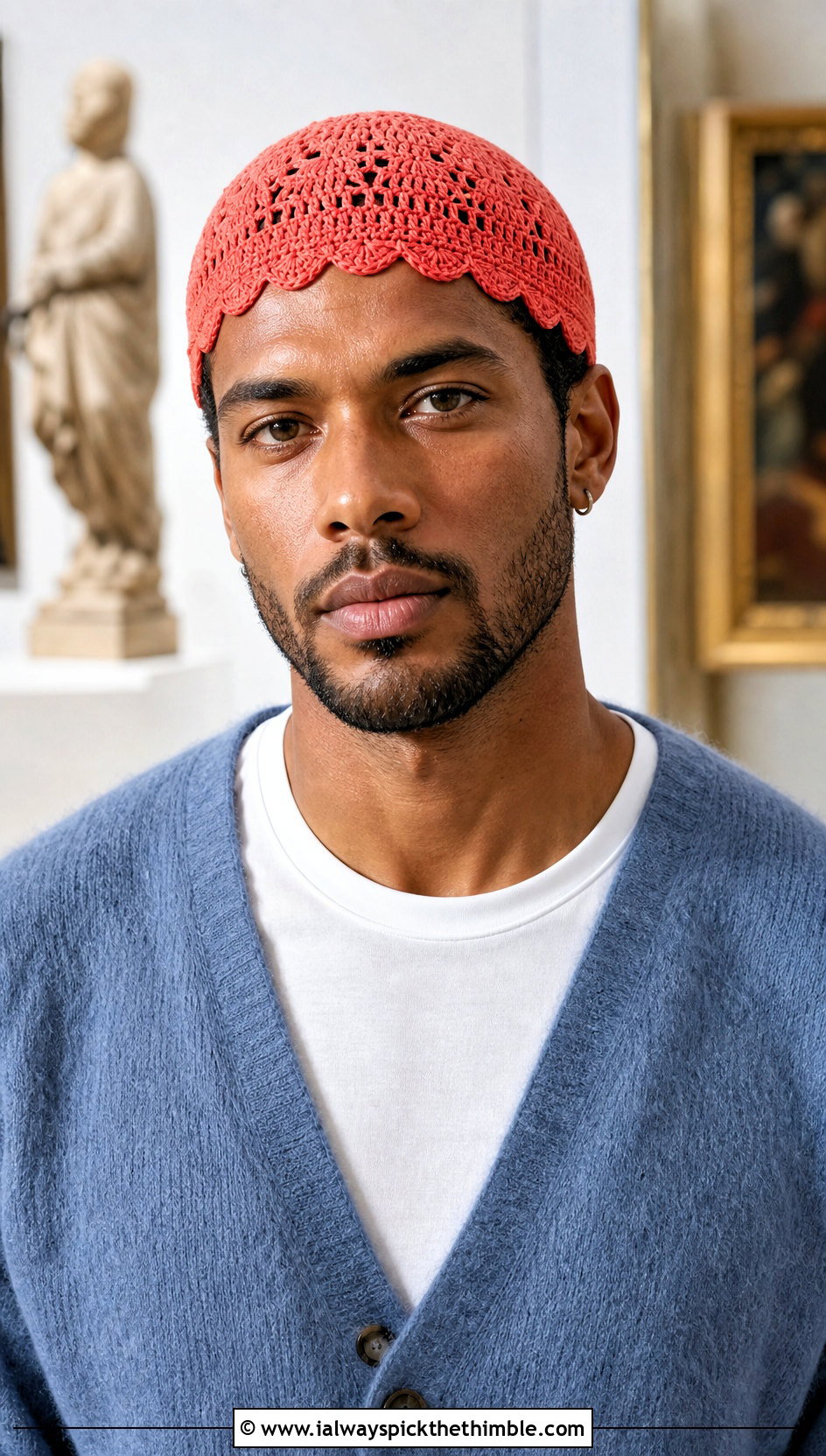 Scalloped Edge Crochet Skull Cap With Cardigan And Pleated Pants - 20 Mens Crochet Skull Cap outfit ideas