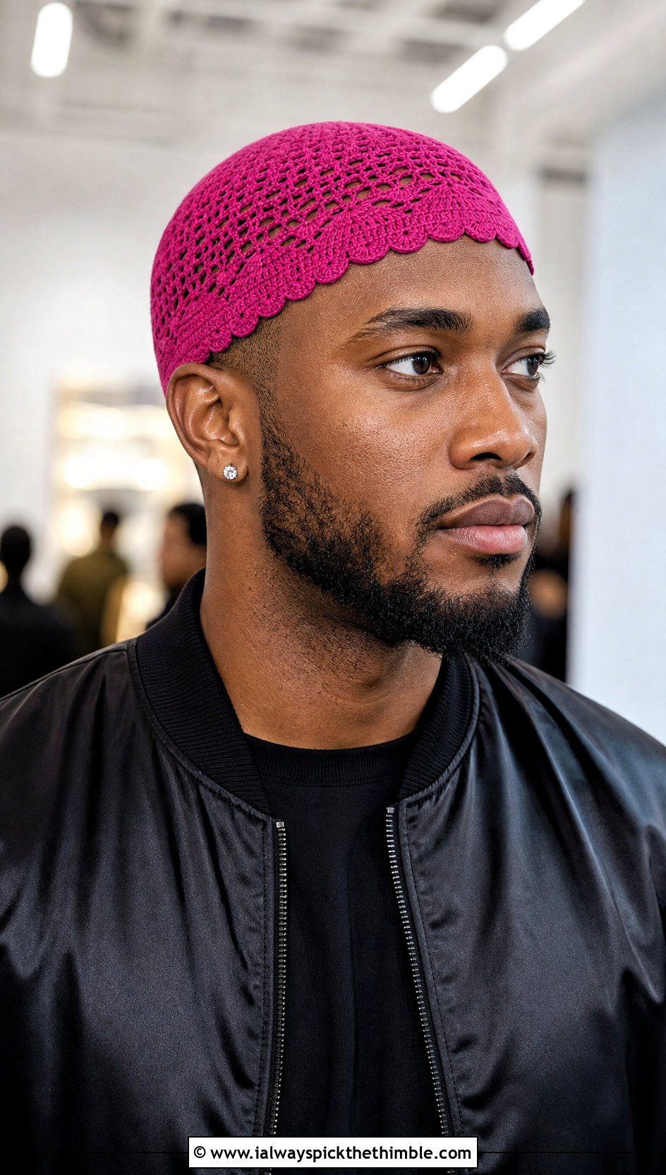 Scalloped Edge Crochet Skull Cap With Satin Bomber - 20 Crochet Skull Cap For Men outfit ideas