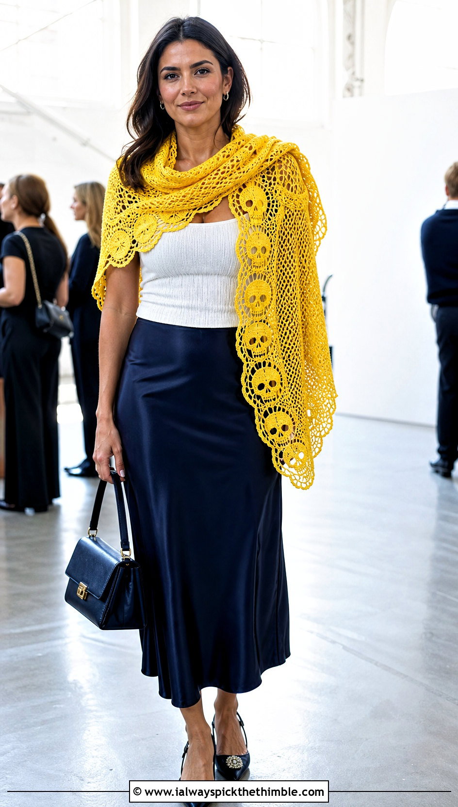 Scalloped Edge Crochet Skull Shawl With Satin Skirt - 25 crochet skull shawl outfit ideas