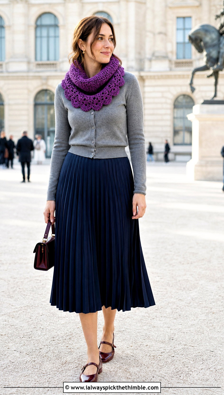 Scalloped Edge Crochet Snood Scarf With Pleated Skirt - 20 snood crochet scarf outfit ideas