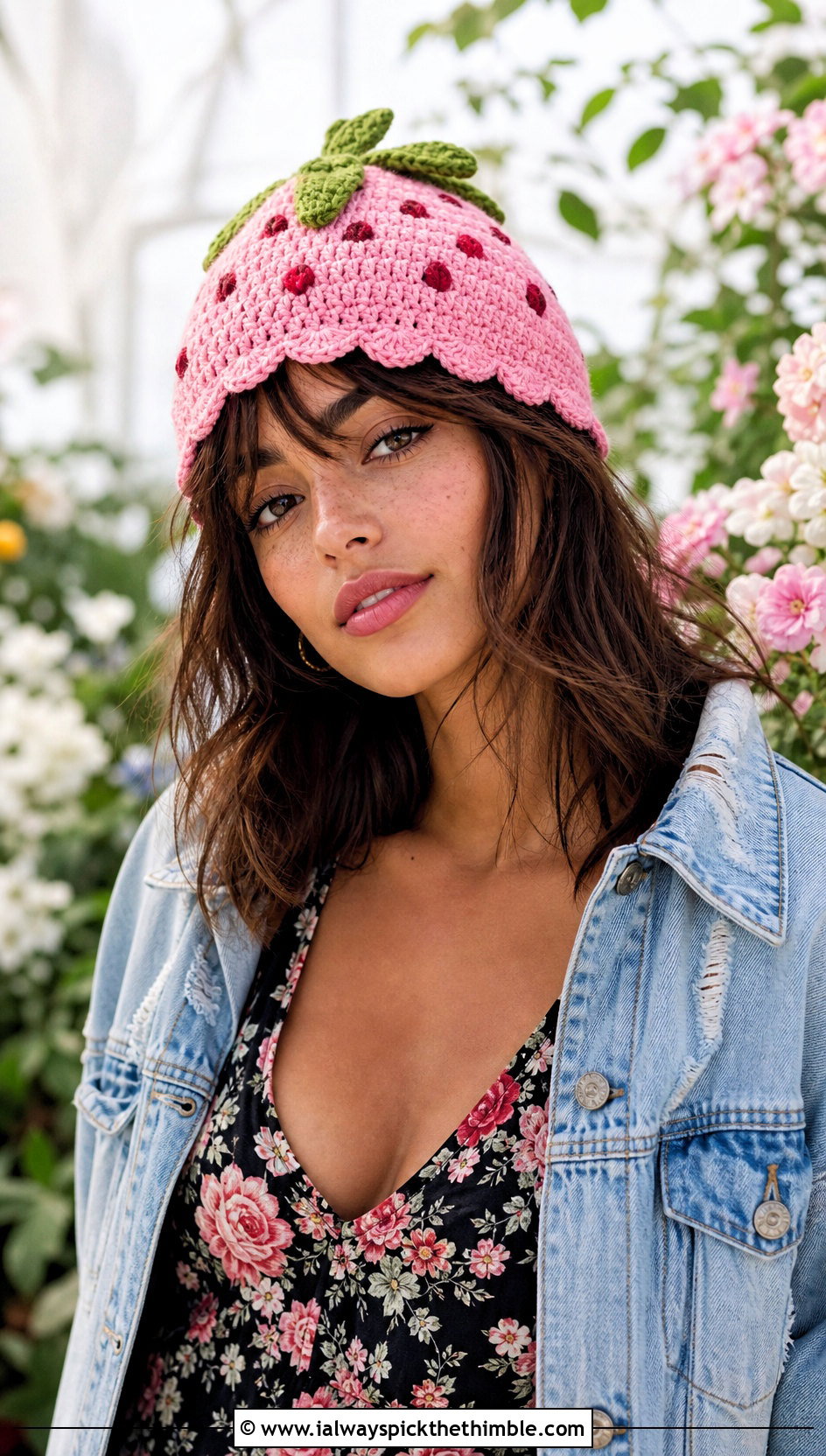 Scalloped Edge Crochet Strawberry Beanie With Floral Dress - 20 Crochet Strawberry Beanie outfit ideas
