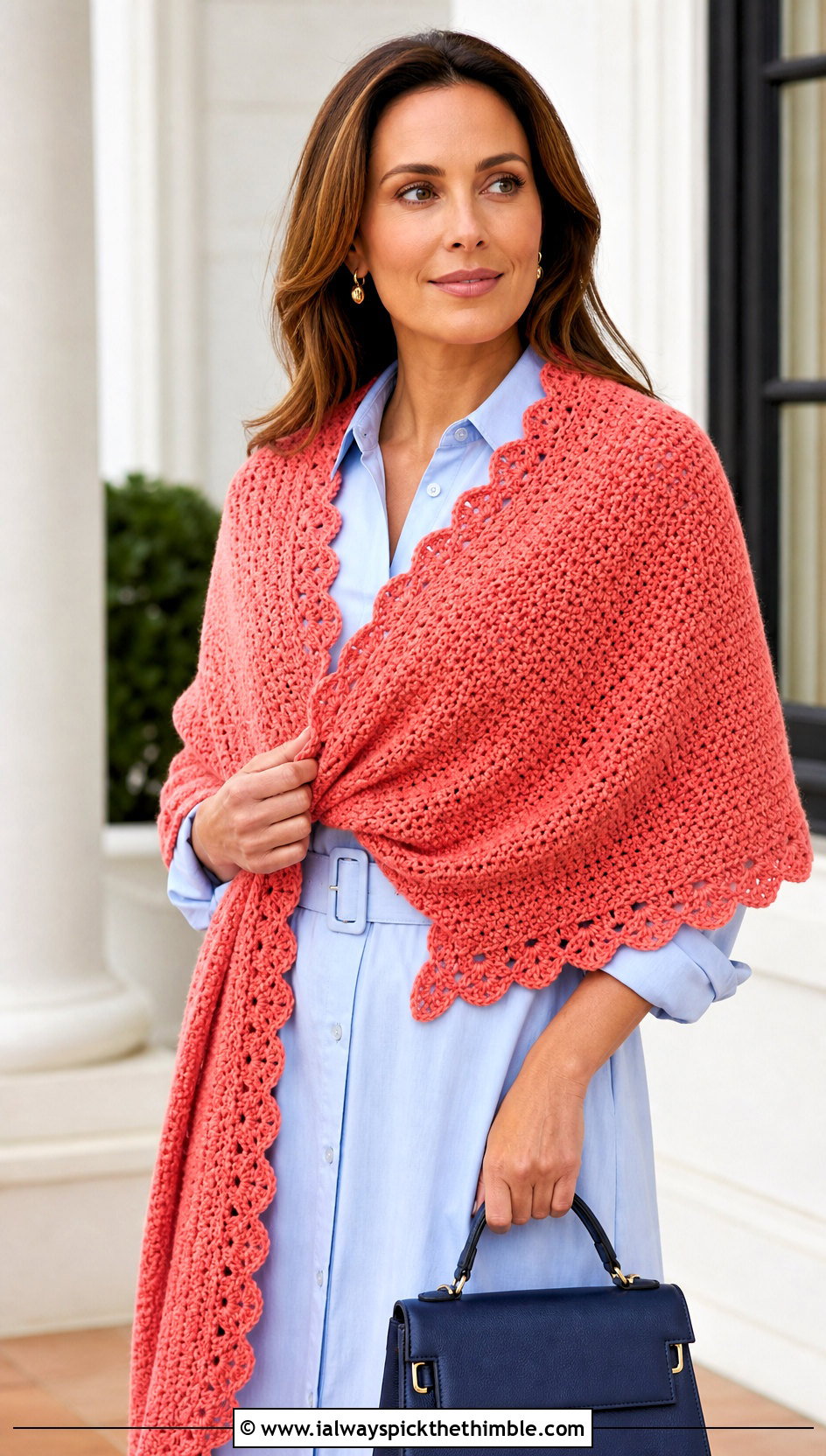 Scalloped Edge Crochet Sweater Scarf Wrap With Shirt Dress - 20 crochet scarf sweater wrap outfit ideas