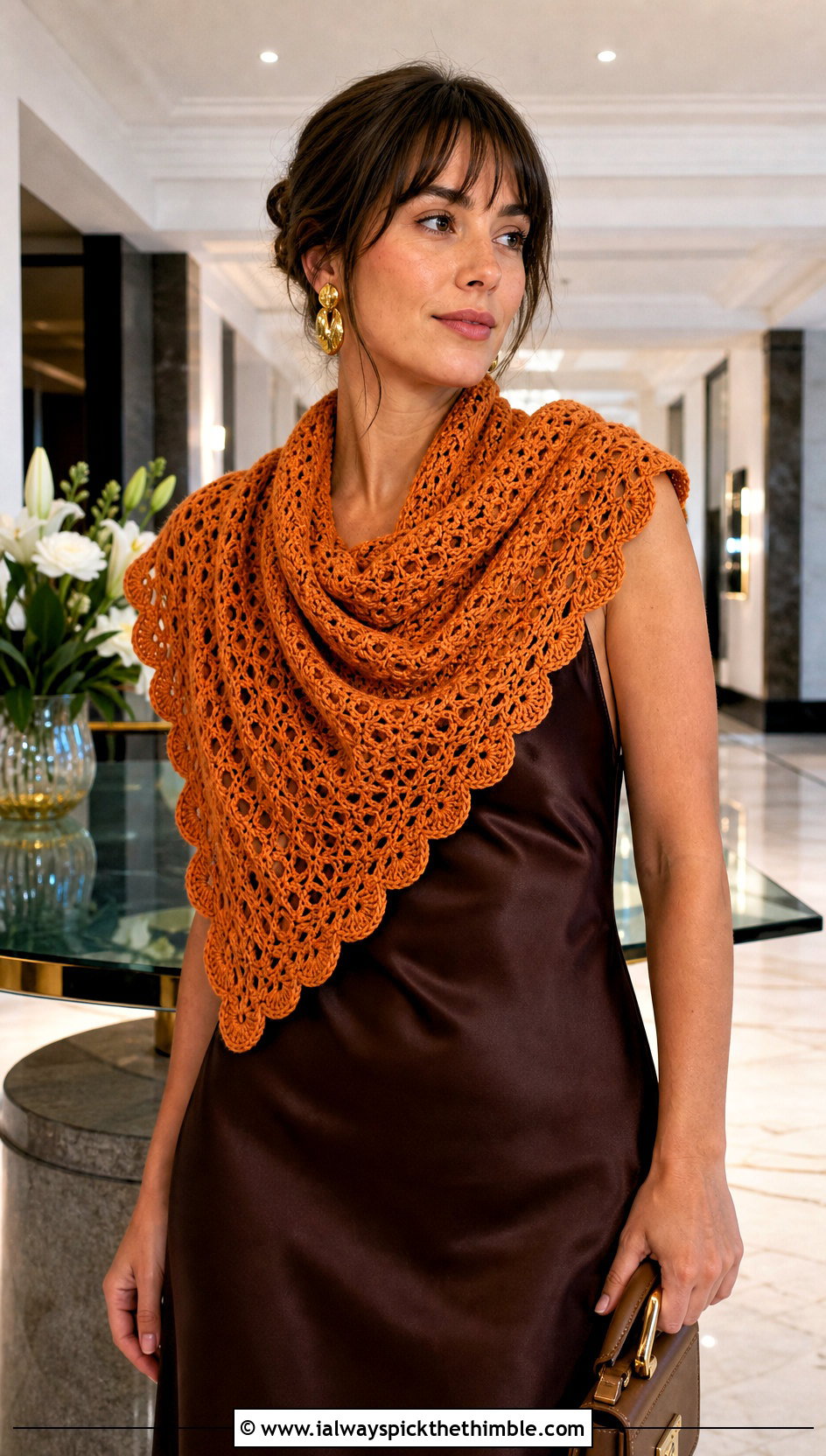Scalloped Edge Crochet Triangle Scarf With Satin Slip Dress - 25 crochet triangle scarf outfit ideas