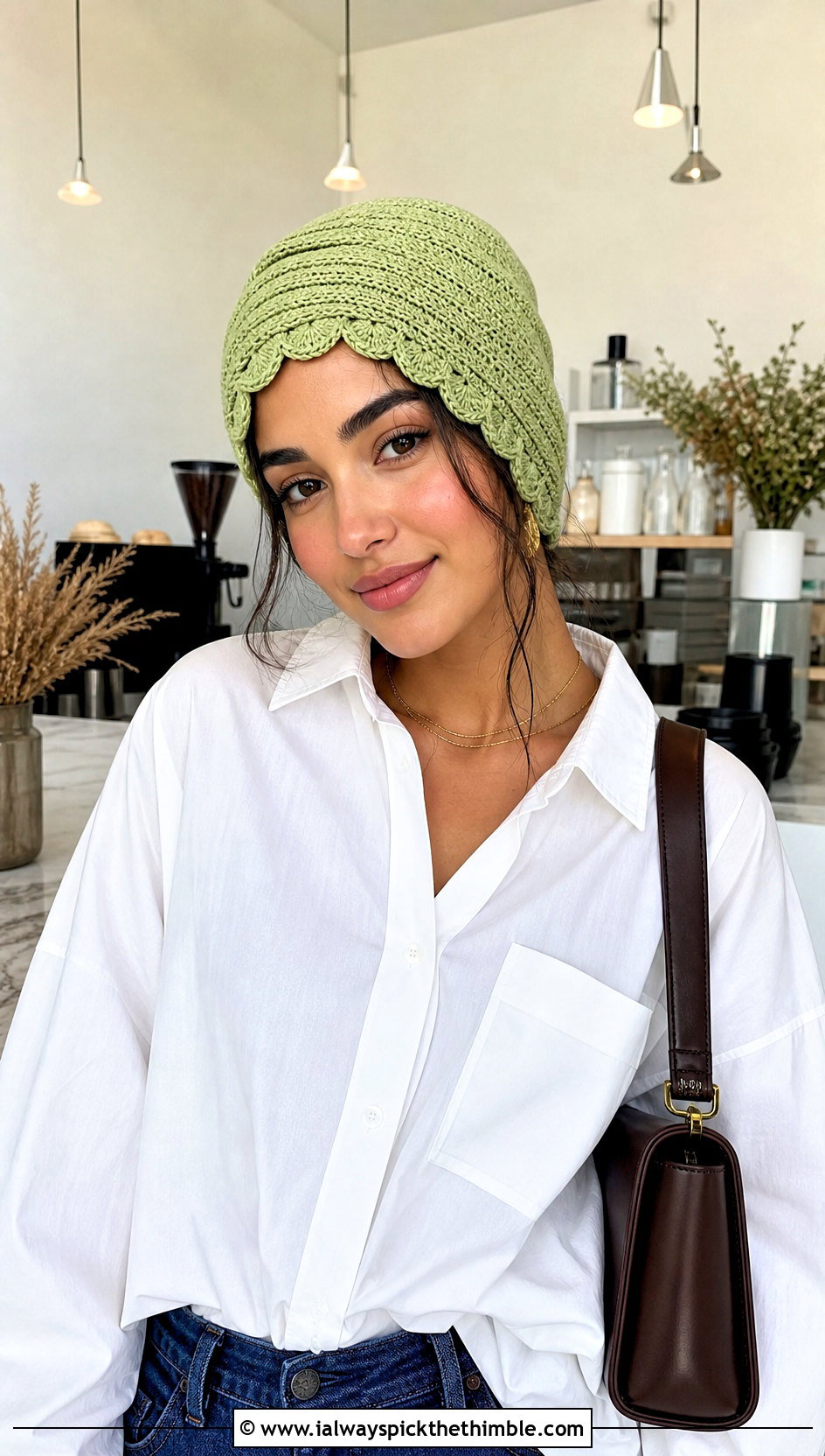 Scalloped Edge Crochet Turban Hat With White Shirt And Jeans - 25 crochet turban hat outfit ideas