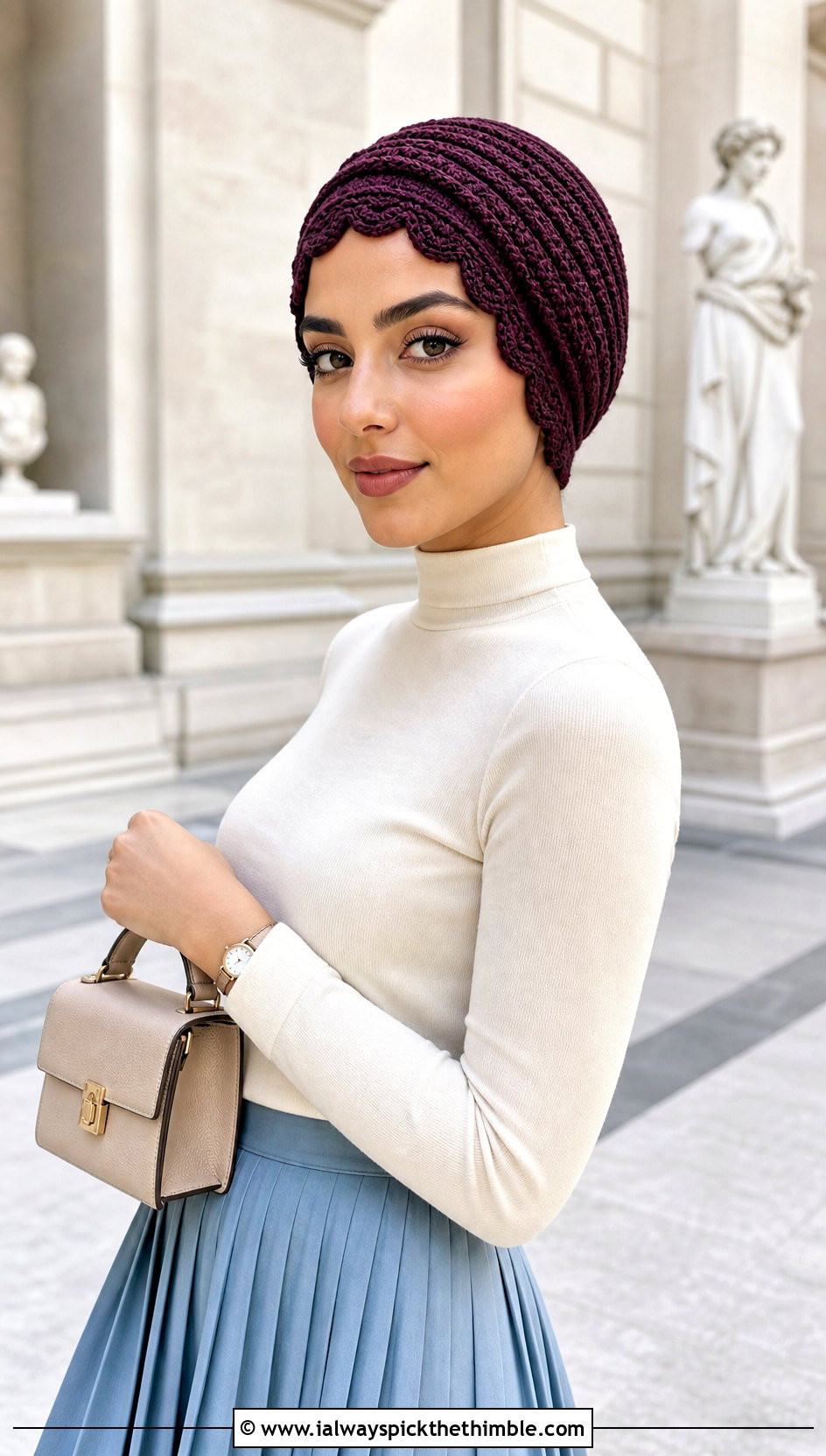 Scalloped Edge Crochet Turban With Midi Skirt - 25 crochet turban outfit ideas
