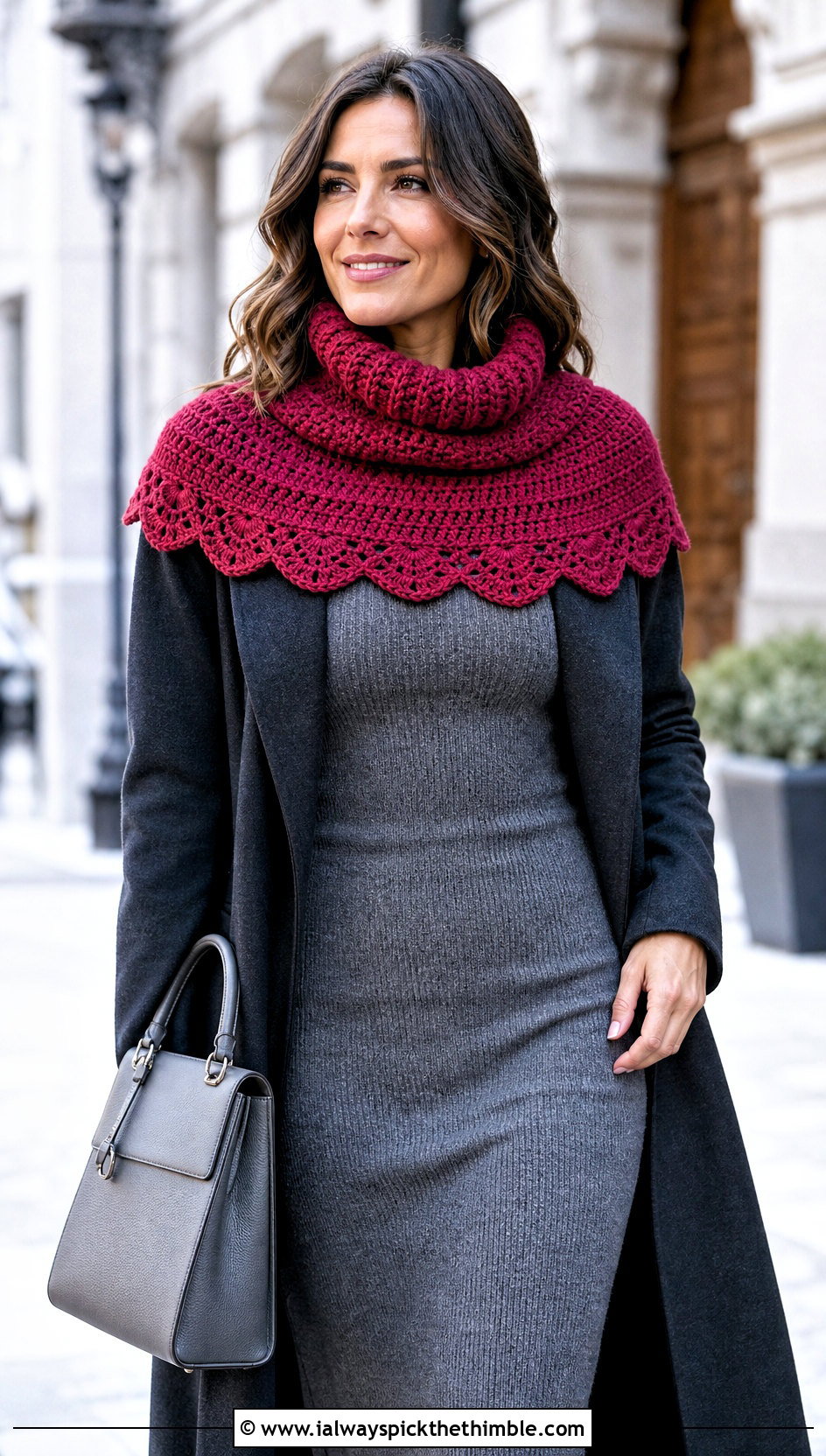 Scalloped Edge Crochet Turtleneck Cowl With Knit Dress - 20 Crochet Turtleneck Cowl outfit ideas