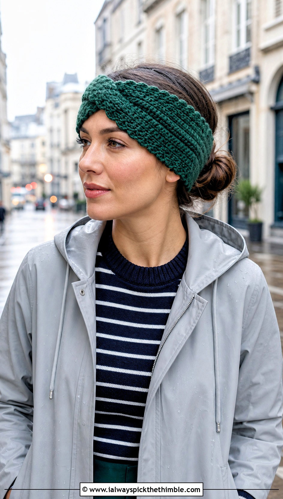 Scalloped Edge Crochet Twisted Ear Warmer With Raincoat - 25 crochet twisted ear warmer outfit ideas
