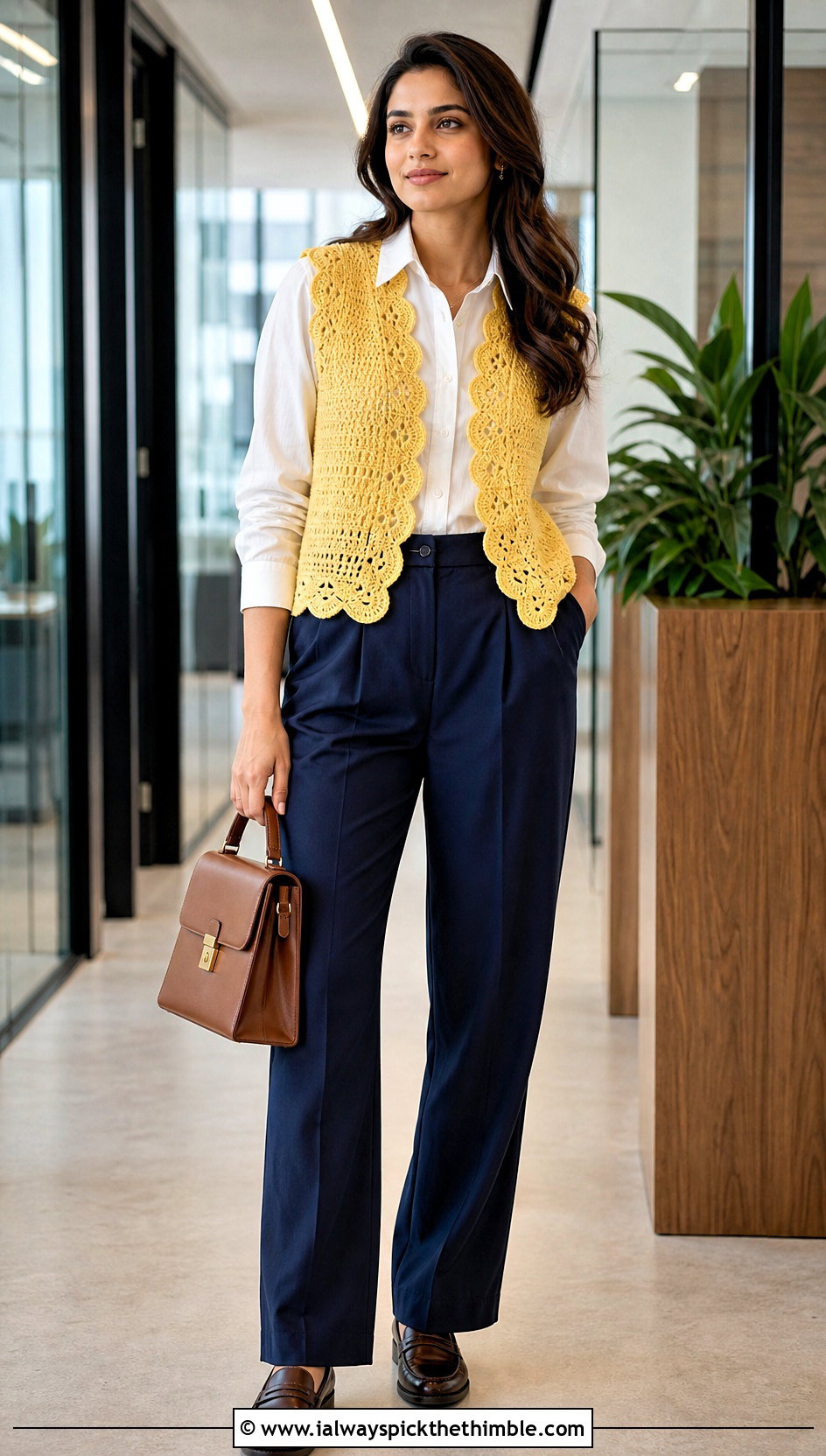 Scalloped Edge Crochet Waistcoat With Pleated Trousers - 25 crochet waistcoat outfit ideas