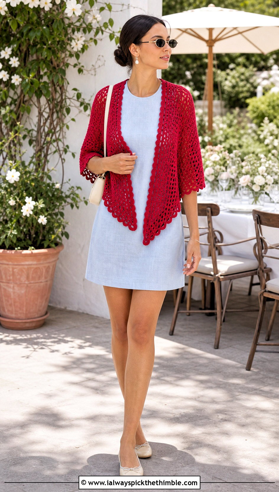 Scalloped Edge Crochet Wrap With Mini Dress And Ballet Flats - 20 crochet summer wrap outfit ideas