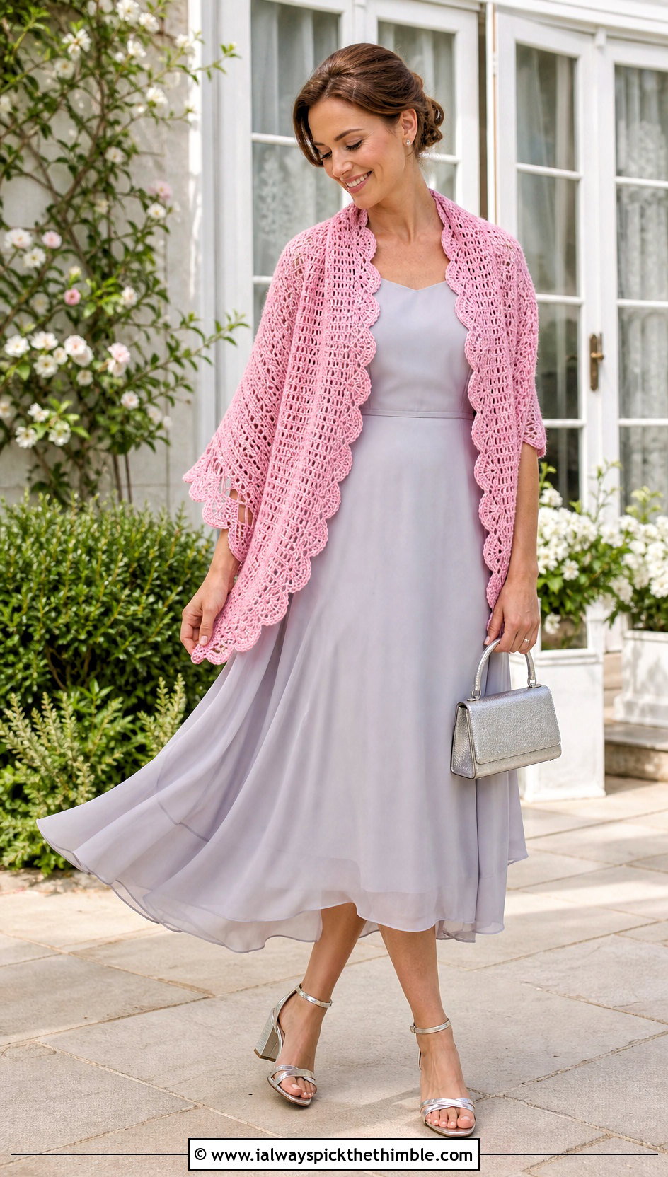 Scalloped Edge Crochet Wrap With Tea Length Dress - 25 crochet wrap shawl outfit ideas