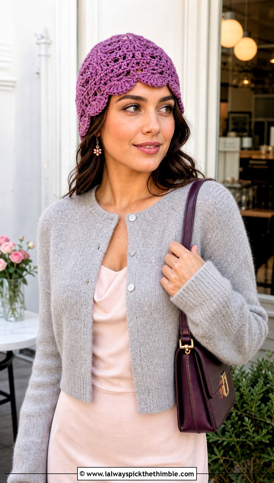 Scalloped Edge Crocheted Beanie With Cardigan And Midi Dress - 25 crocheted beanie outfit ideas