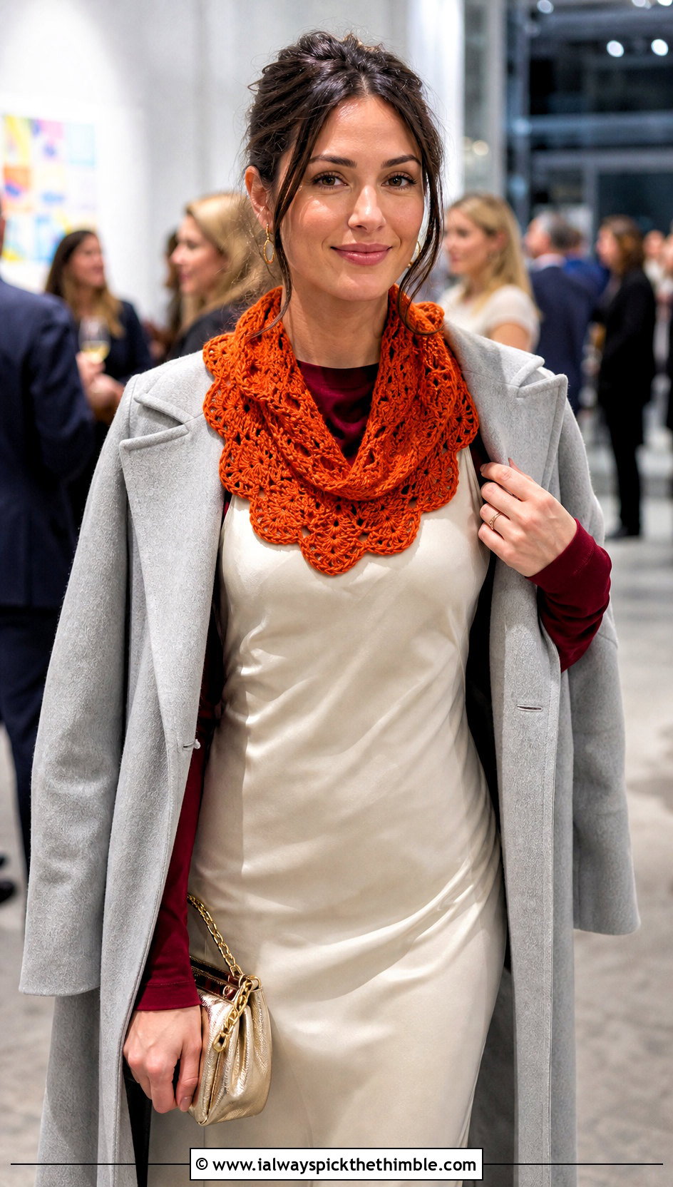 Scalloped Edge Crocheted Cowl With Slip Dress - 20 Crocheted Cowl outfit ideas