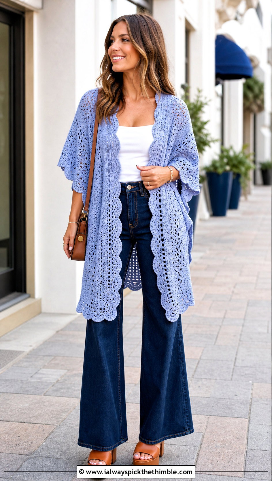Scalloped Edge Crocheted Ruana With Wide Leg Jeans - 20 Crocheted Ruana outfit ideas