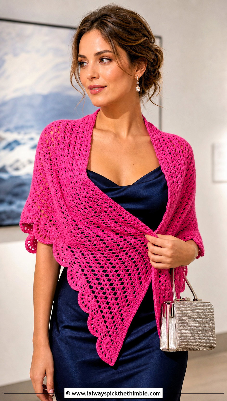 Scalloped Edge Crocheted Triangle Scarf With Satin Slip Dress - 20 Crocheted Triangle Scarf outfit ideas