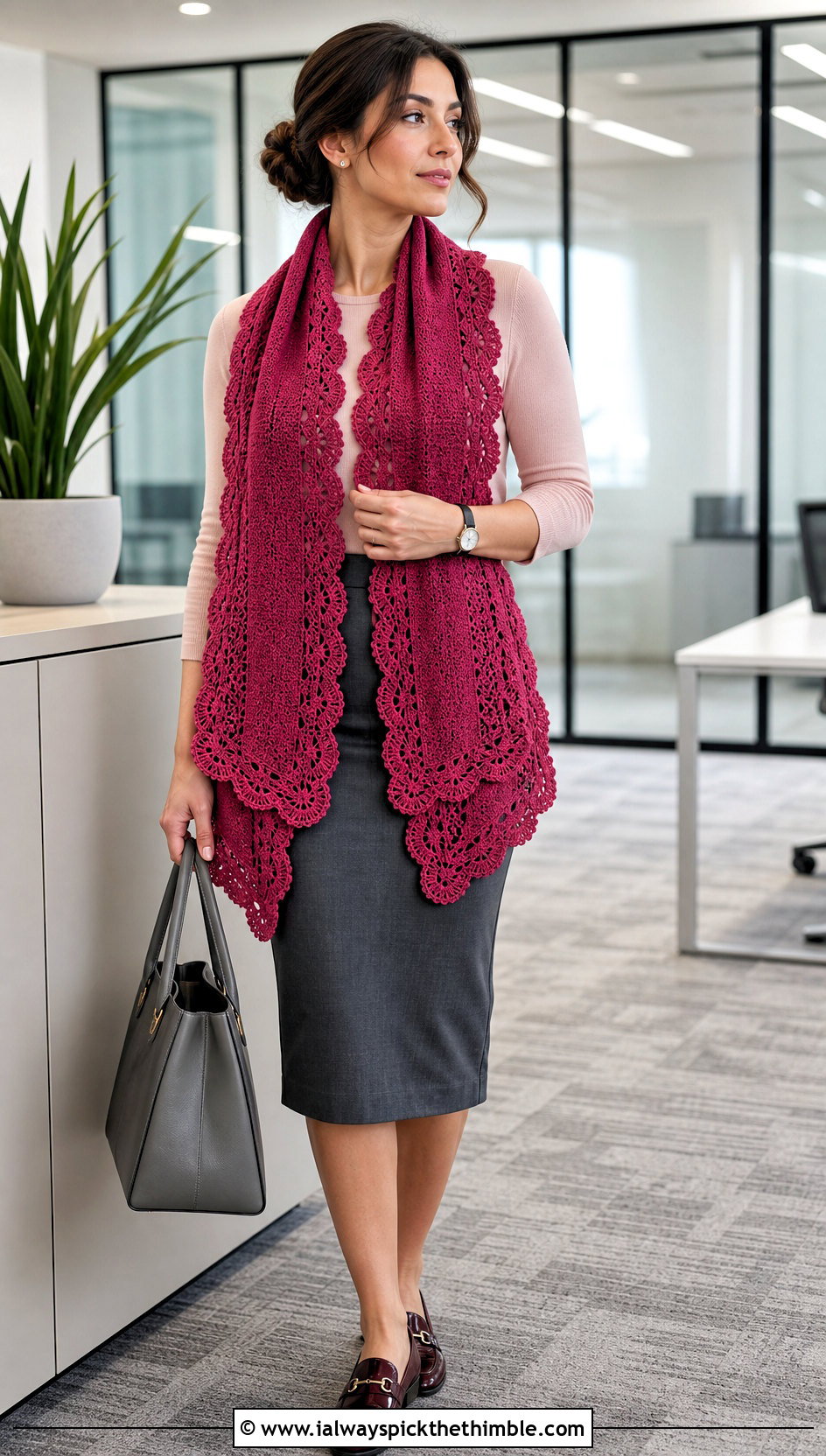 Scalloped Edge Double Sleeve Scarf With Pencil Skirt - 20 crochet double sleeve scarf outfit ideas