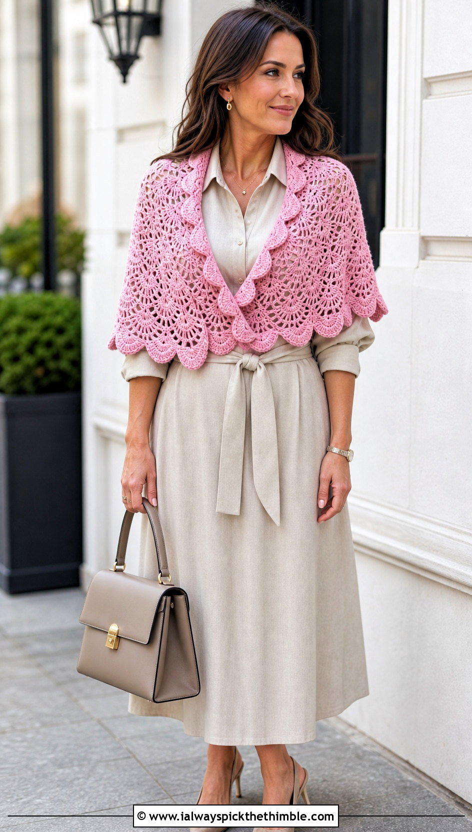 Scalloped Edge Fan Stitch Shawl With Belted Shirt Dress - 20 Crochet Fan Stitch Shawl outfit ideas